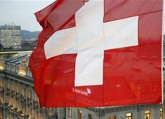 A Swiss National Flag Waves in Front of the Headquarters of Swiss Bank