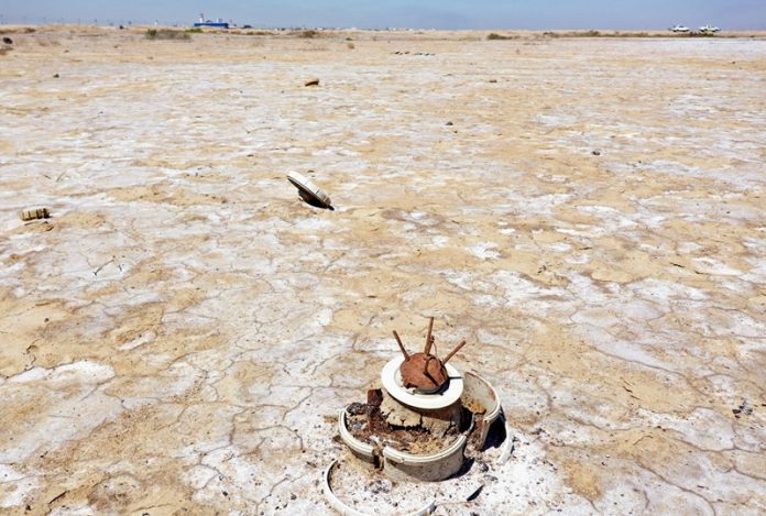A drone view shows a landmine in the desert which is left over from the Iraq-Iran war, at the Shatt al-Arab border region with Iran, in Basra