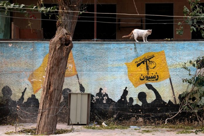A cat stands on a wall with a mural showing a flag of the Zainebiyoun Brigade (Liwa Zainebiyoun), a Pakistani Shia Khomeinist militant group, in the Sayyida Zaynab neighborhood, in Damascus