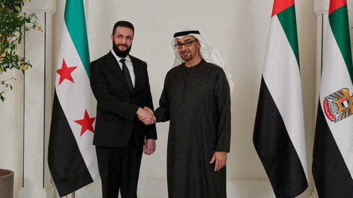 FILE PHOTO: Syrian President Ahmed al-Sharaa meets UAE's President Sheikh Mohamed bin Zayed Al Nahyan, in Abu Dhabi